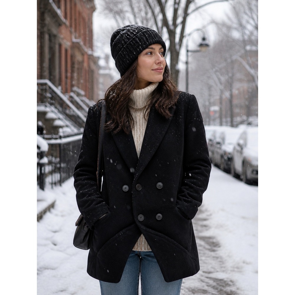 Talbots Petites Black Wool Alpaca Blend Double Breasted Pea Coat 10P winter